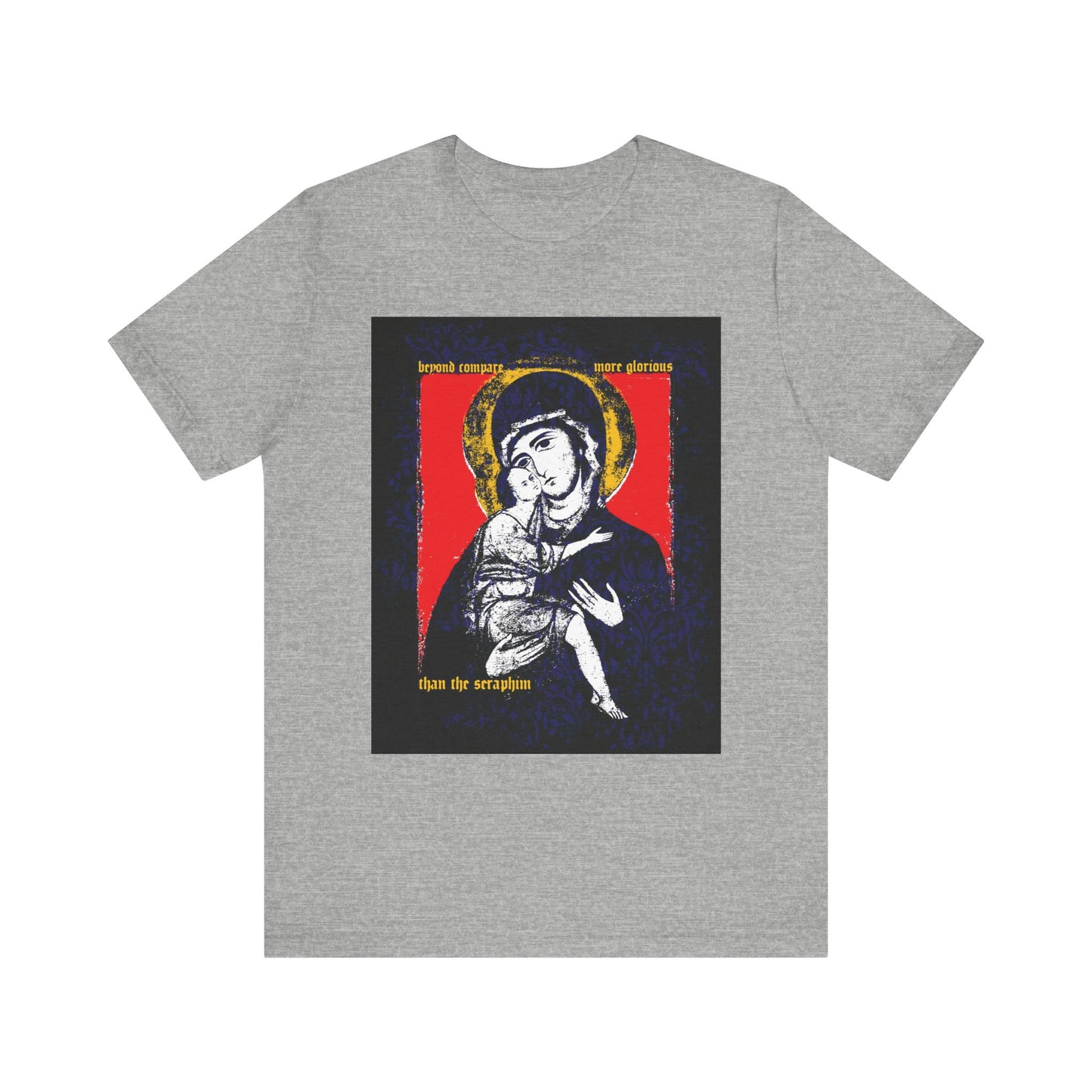 Athletic Heather t-shirt featuring the Beyond Compare More Glorious Than the Seraphim Vladimir Theotokos icon, floral texture, and Orthodox religious motifs, crafted from lightweight cotton.