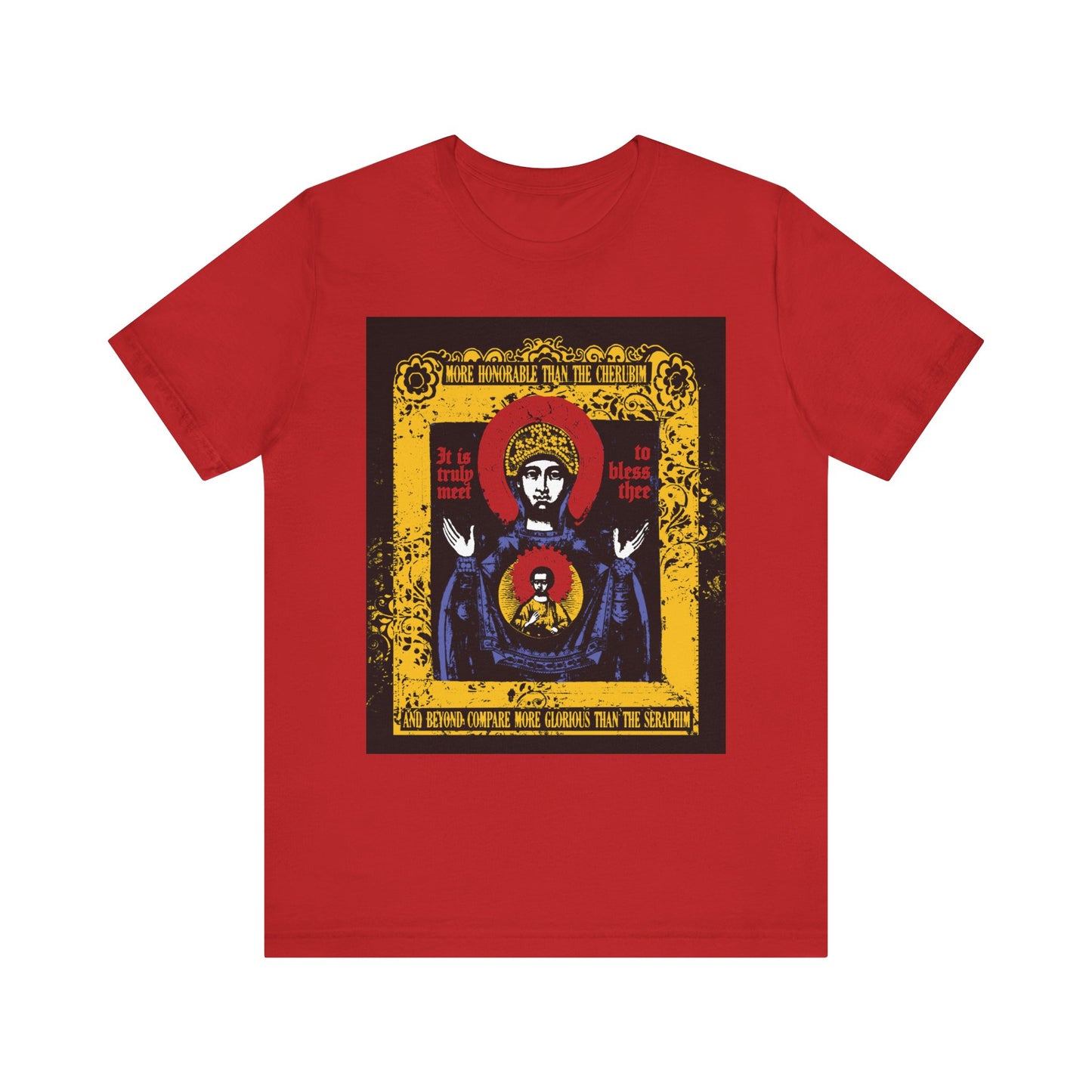 Orthodox Lightweight Cotton Unisex Tee in red, featuring a stylized icon of the Mother of God and ornate text printed on the front in gold, black, and red with the "Axion Estin" hymn (“It is Truly Meet To Bless Thee”) to the Theotokos.