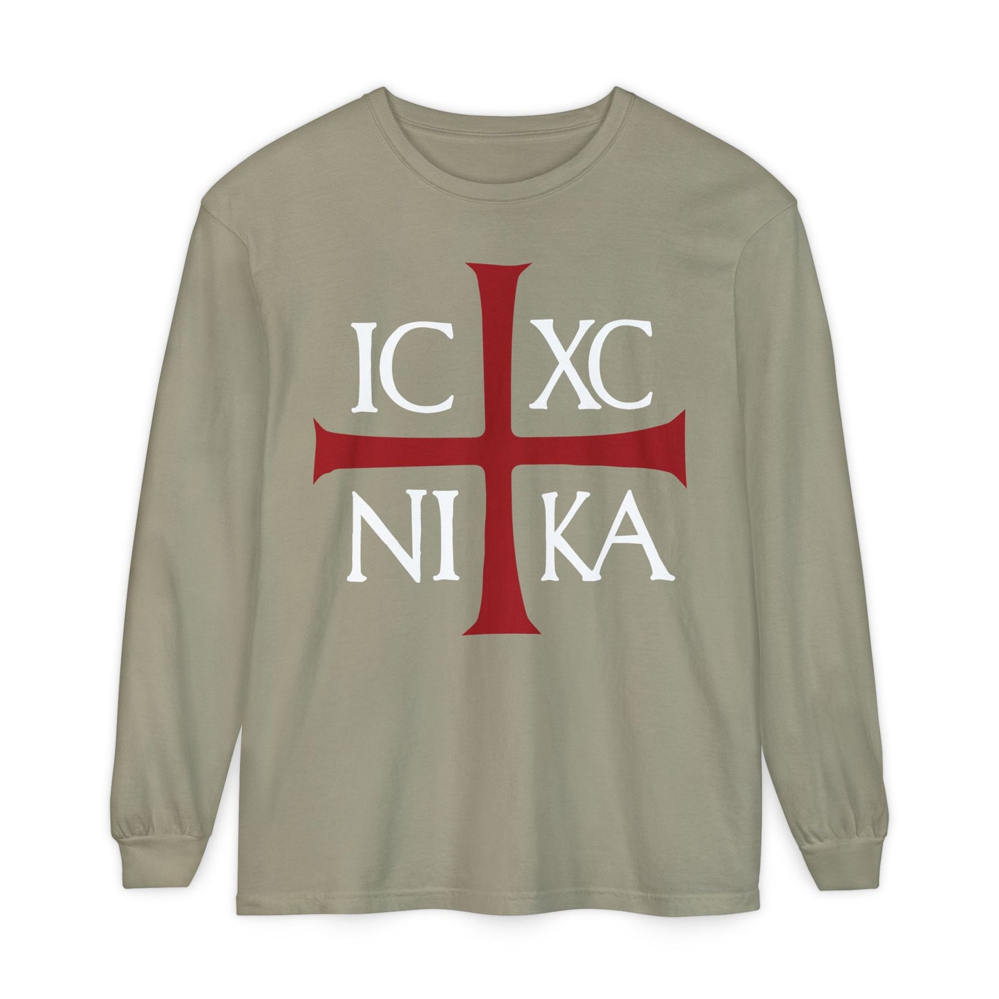 Sandstone long-sleeve cotton shirt featuring a red cross and white ICXC NIKA—ancient Byzantine Christogram meaning "Jesus Christ Conquers"—a reminder of Christ's love as in Romans 8:31-39.