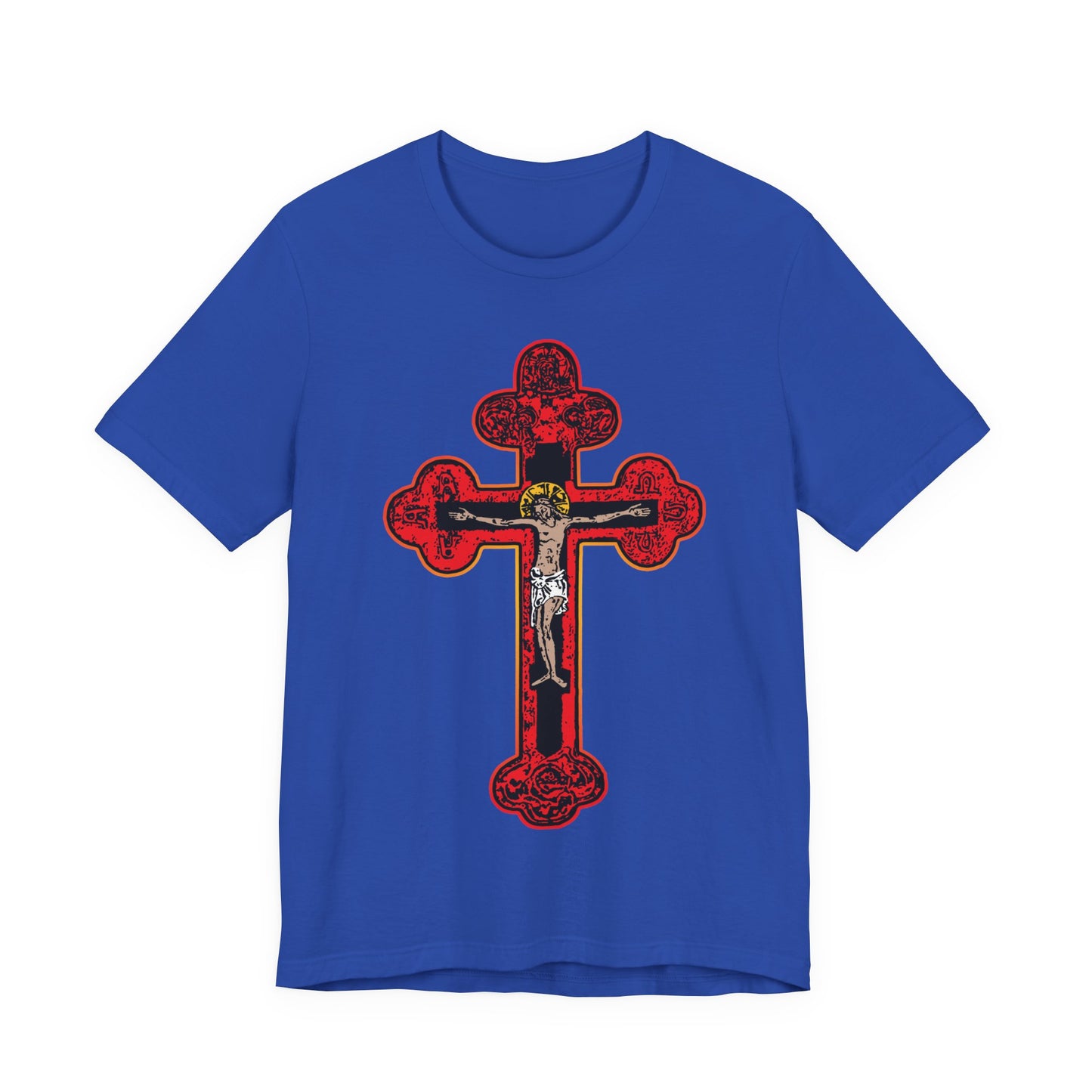 True Royal unisex cotton tee featuring a large red Byzantine Golgotha Cross with gold and silver crucifix, inspired by "I Am Crucified With Christ"—a statement of faith and healing.