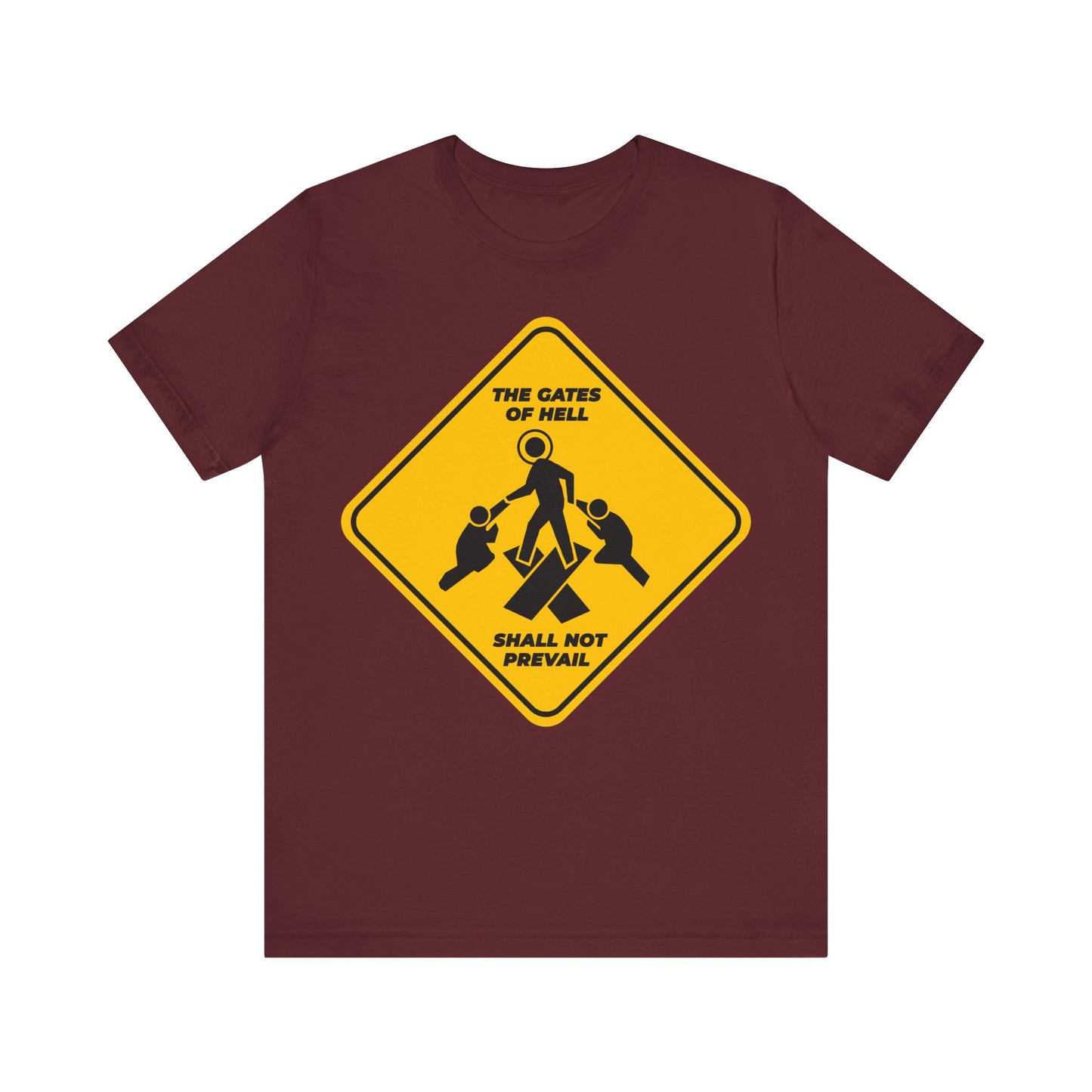 Gates of Hell Shall Not Prevail | Yellow Street Sign Minimalist Pascha Icon | Trampling Down Death By Death | Lightweight Cotton Unisex Tee