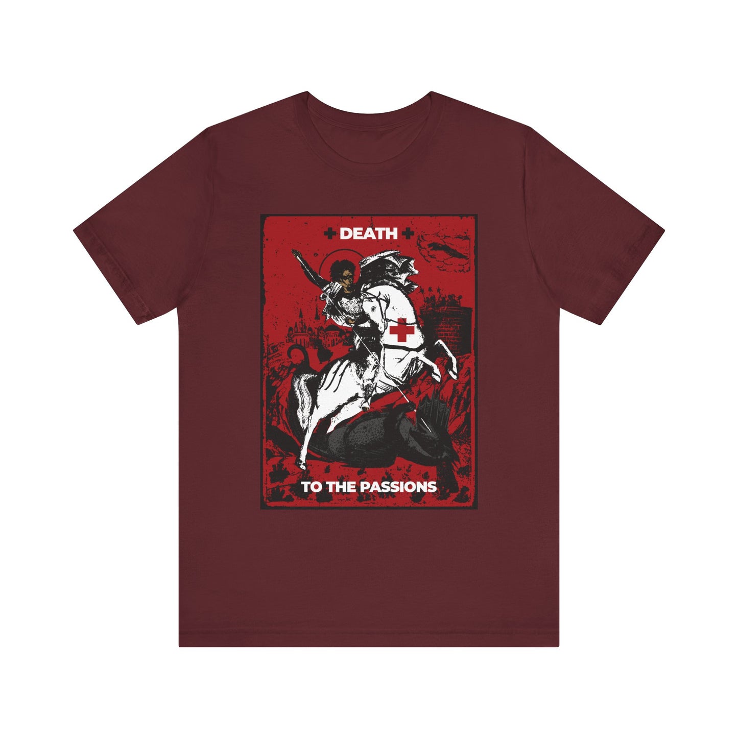 Maroon St George Slaying the Dragon | Death to the Passions | Unseen Warfare | Ascetic Orthodox Christianity lightweight cotton unisex t-shirt, featuring a graphic of a knight, a cross, and the phrase “DEATH TO THE PASSIONS”—an emblematic design inspiring you to overcome passions and conquer bad desires.