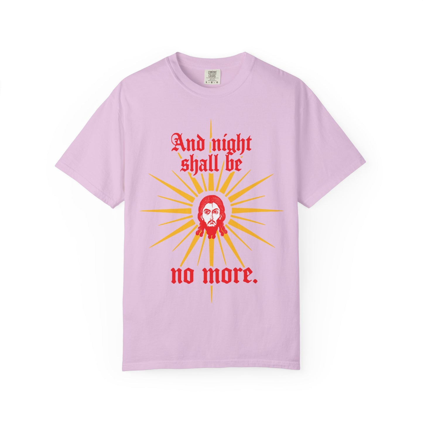And Night Shall Be No More | Rev 22:5 | Jesus Christ Mandylion IconoGraphic | Gothic Text | Orthodox Christian Heavyweight Cotton Unisex Tee