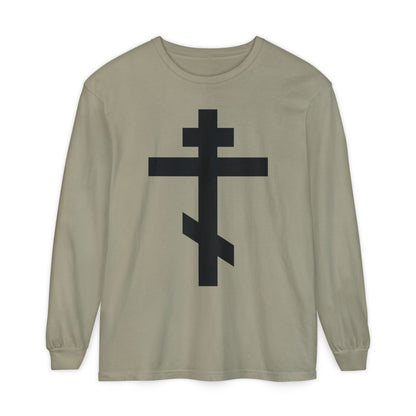 Sandstone long-sleeve shirt featuring a large black Orthodox cross and the quote "May I never boast, except in the cross of our Lord Jesus Christ" (Gal 6:14) on the front.