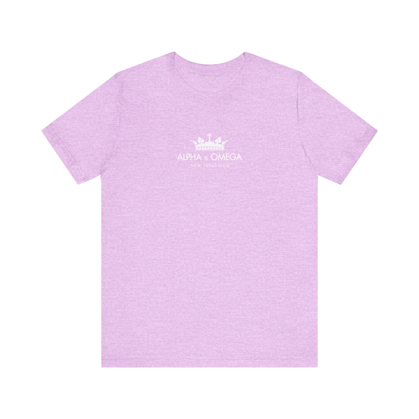 Heather Prism Lilac t-shirt with a small white New Jerusalem crown and Orthodox Cross graphic, plus "Alpha & Omega" text on the chest. Lightweight cotton unisex design inspired by Revelation and the Second Coming.