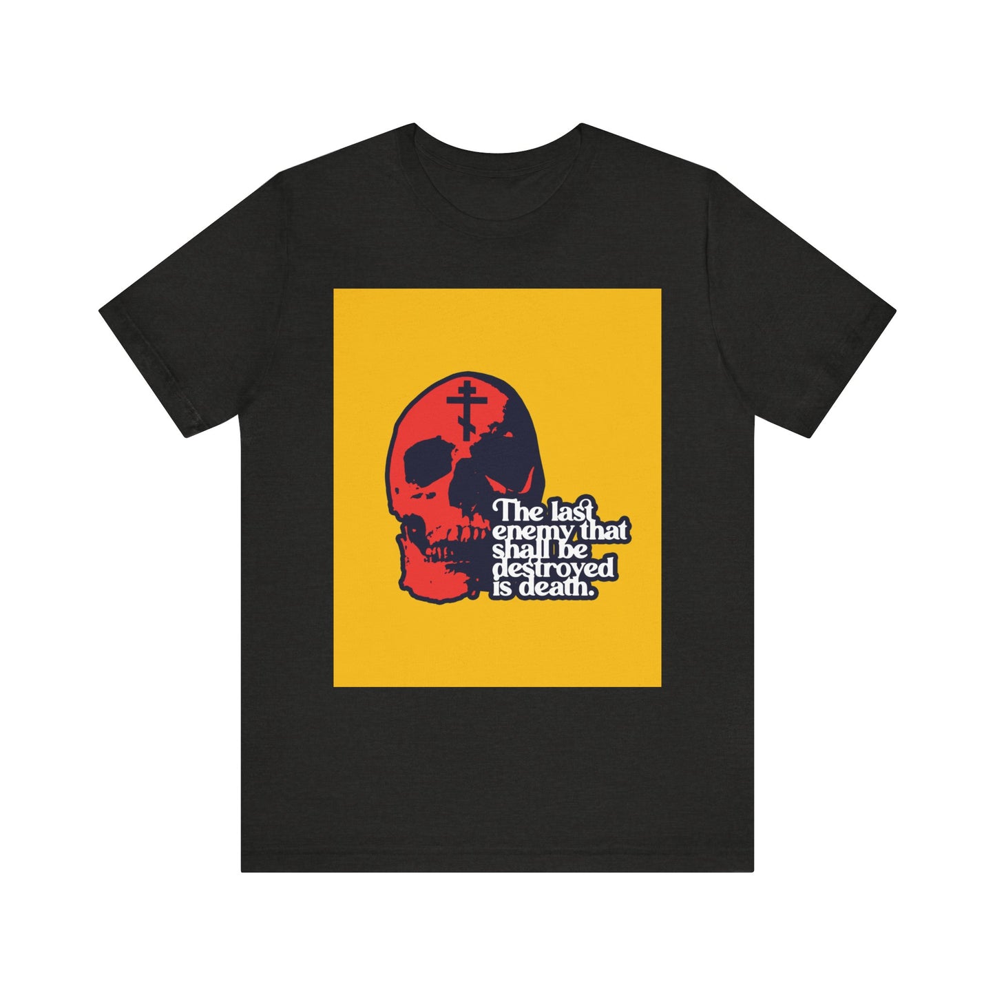 Black Heather unisex lightweight cotton tee featuring a modern red skull and cross design with the text: “The Final Enemy That Shall Be Destroyed (1 Corinthians 15:26),” referencing the Orthodox Christian teaching on Christ’s resurrection and victory over death.