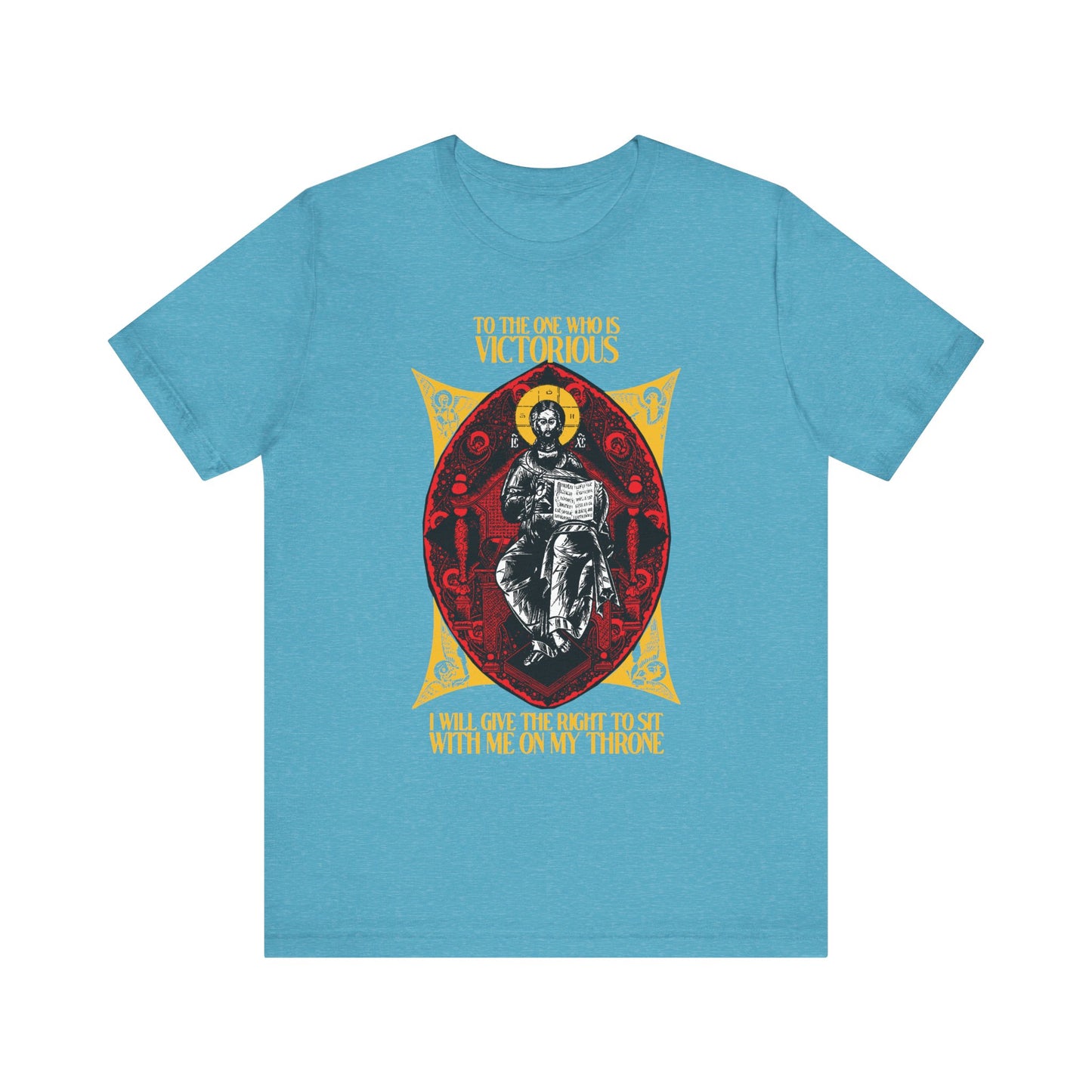 Heather Aqua "Christ is King, Enthroned In Glory IconoGraphic" tee with yellow "To the One Who Is Victorious" text, inspired by Rev 3:21. Orthodox Christian lightweight cotton unisex shirt reflecting Christ’s promise to reign with Him.
