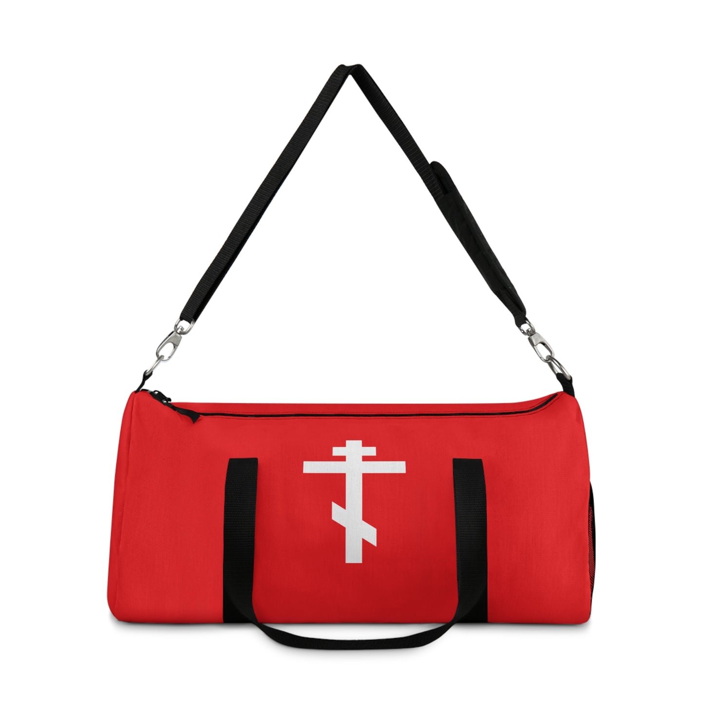 Red gym duffel bag featuring a white Orthodox cross on a red background and the verse "May I never boast, except in the cross of our Lord Jesus Christ" (Gal 6:14). Perfect for Orthodox Christians.