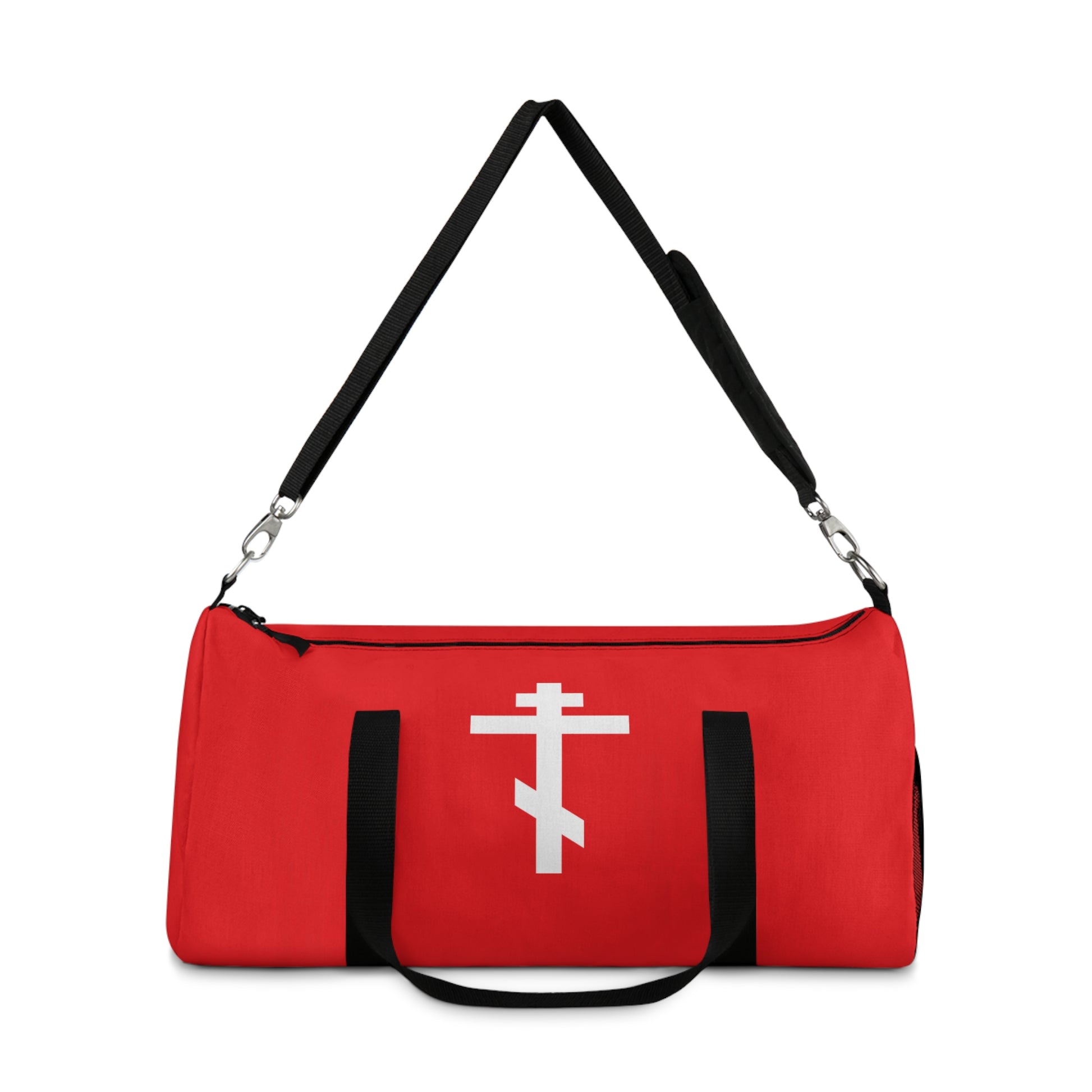 Red gym duffel bag featuring a white Orthodox cross on a red background and the verse "May I never boast, except in the cross of our Lord Jesus Christ" (Gal 6:14). Perfect for Orthodox Christians.