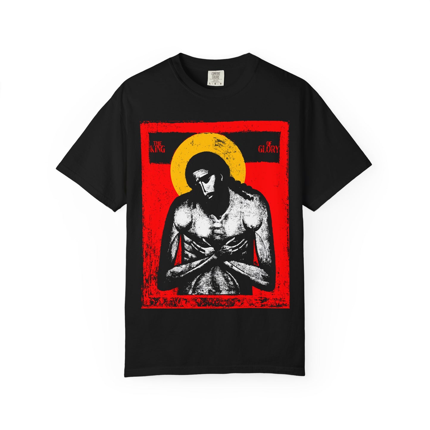 Black unisex tee with “The King of Glory Jesus Christ ‘Extreme Humility’ IconoGraphic” design in red, yellow, white, and black—Christian devotional shirt inspired by Isaiah 53 and the crucifixion; heavyweight cotton.