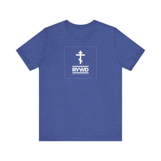 Heather True Royal t-shirt featuring a minimalist white Orthodox cross and RYWD logo printed in a square on the front center, designed as a subtle reminder to "Remember You Will Die" and live sacramentally.