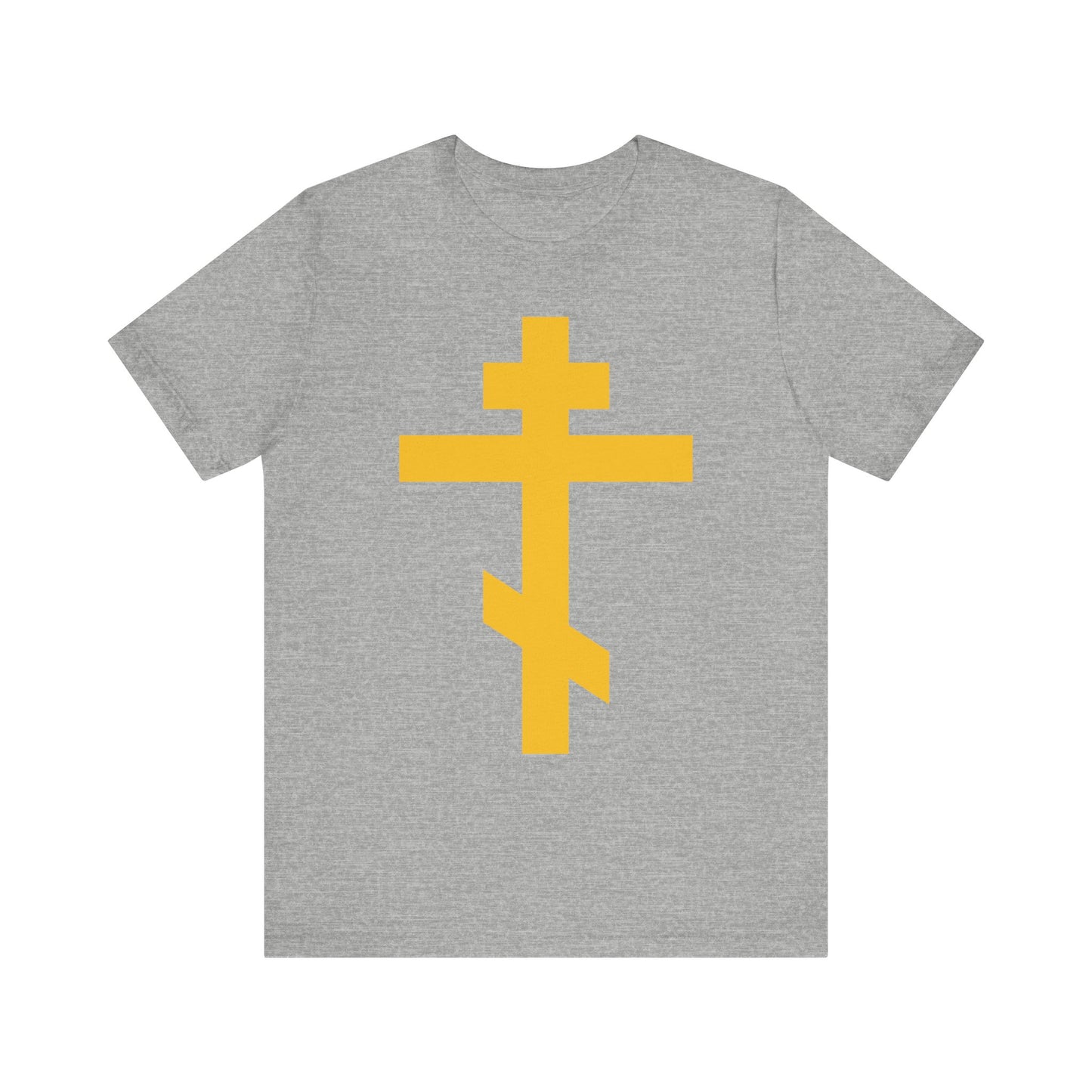 Show your faith with the "Yellow Orthodox Cross | Precious and Life-Giving Weapon of Unseen Warfare | Scourge of Demons" lightweight cotton unisex tee, featuring a bold yellow Eastern Orthodox cross on a gray shirt—inspired by Galatians 2:20—to remind you daily that you have been crucified with Christ, making it perfect for Christian meditation and spiritual reflection.