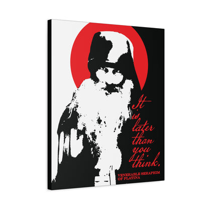 Remembrance of Death "It's Later Than You Think" canvas features a high-contrast black-and-white portrait of Fr Seraphim Rose, set against a red circle with spiritual text, celebrating the depth of modern Orthodox Christian life.