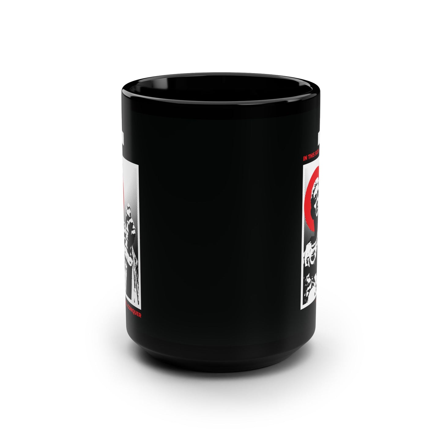 The "In This Sign Ye Shall Conquer" black mug features a Statue of St Constantine the Great with sword, symbolizing conquering your passions—a meaningful gift for Orthodox Christians reflecting on the Cross.