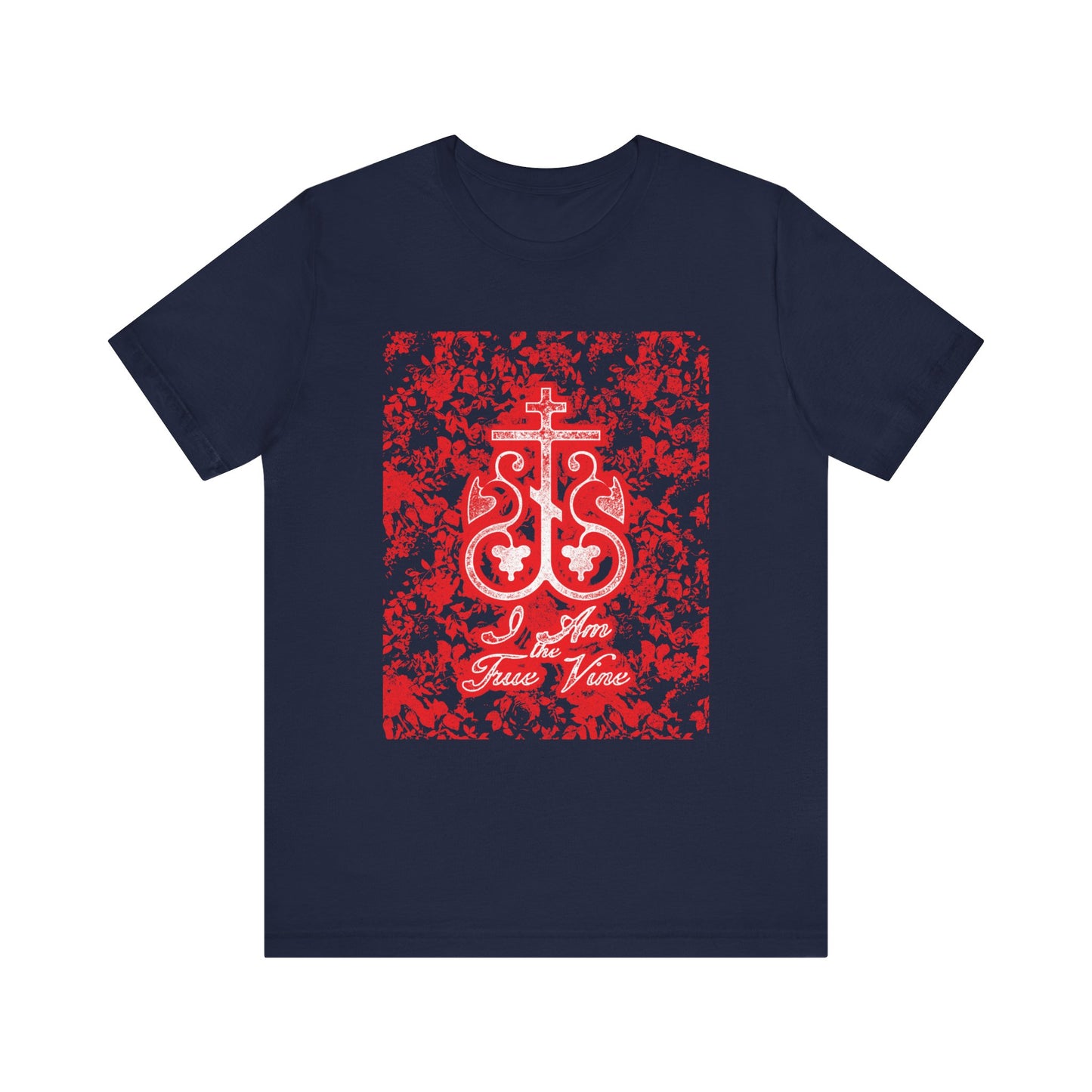 Navy unisex tee with a red and black floral Orthodox cross vine monogram and “I Am the True Vine” (John 15:1) design on front. Lightweight cotton.