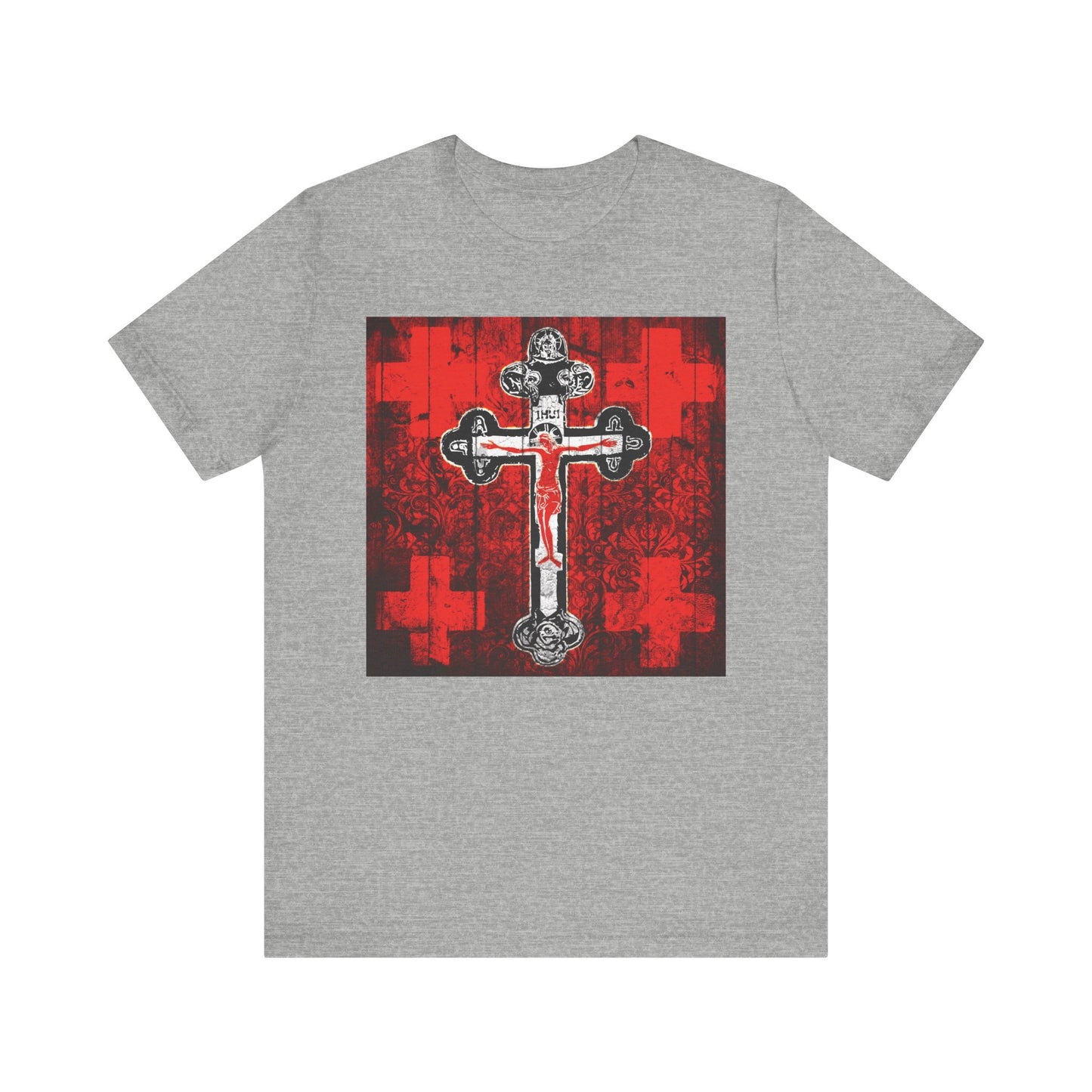 Athletic Heather tee with Alpha & Omega Art Cross—Jesus Christ Crucifix Orthodox Iconographic design in red, white, and black. This lightweight unisex cotton shirt is perfect for Christian reflection during Great Lent.