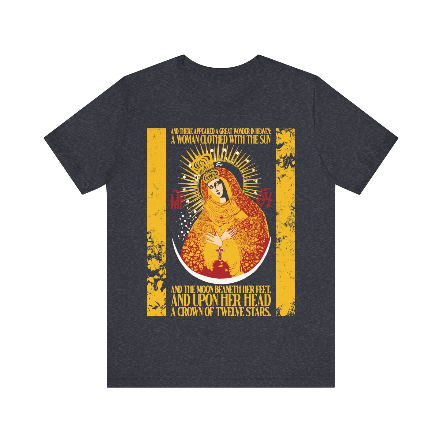 Our Lady the Gate of Dawn | Woman of the Apocalypse Rev 12:1 | Theotokos Gold Floral Texture Design | Orthodox Christian Cotton T-Shirt