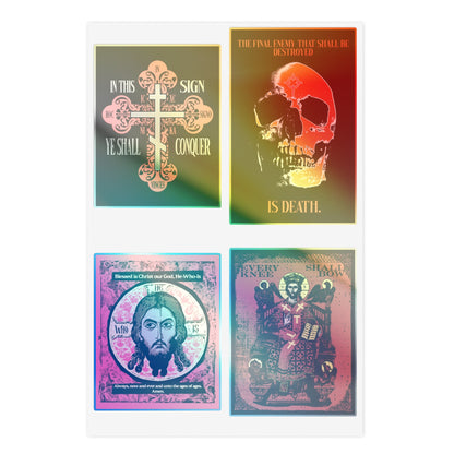 Four colorful posters with bold text and Orthodox icon stickers: Bestseller Orthodox Sticker Mix No. 3.