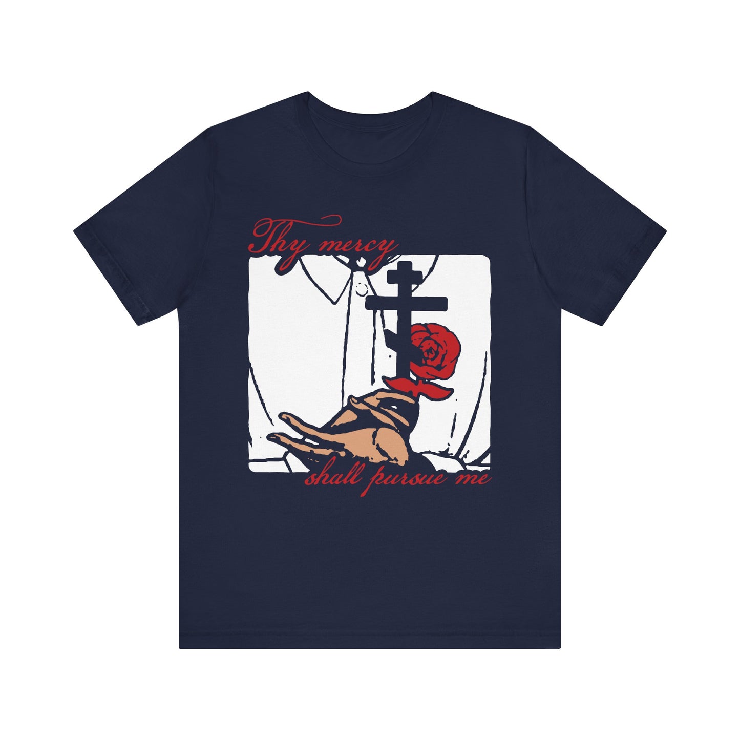 Navy "Thy Mercy Shall Pursue Me - Psalm 22 (23)" lightweight cotton unisex t-shirt featuring an icono-graphic style design of hands holding a martyr’s cross and rose, inspired by the path of righteousness.