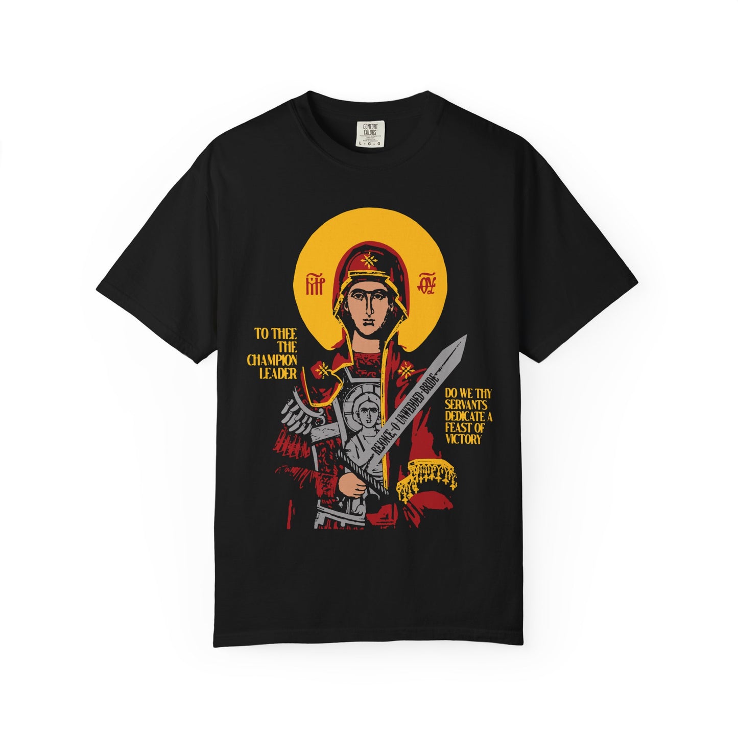 To Thee the Champion Leader | Mother of God | Theotokos with Sword IconoGraphic | Heavyweight Cotton Unisex Orthodox T-Shirt