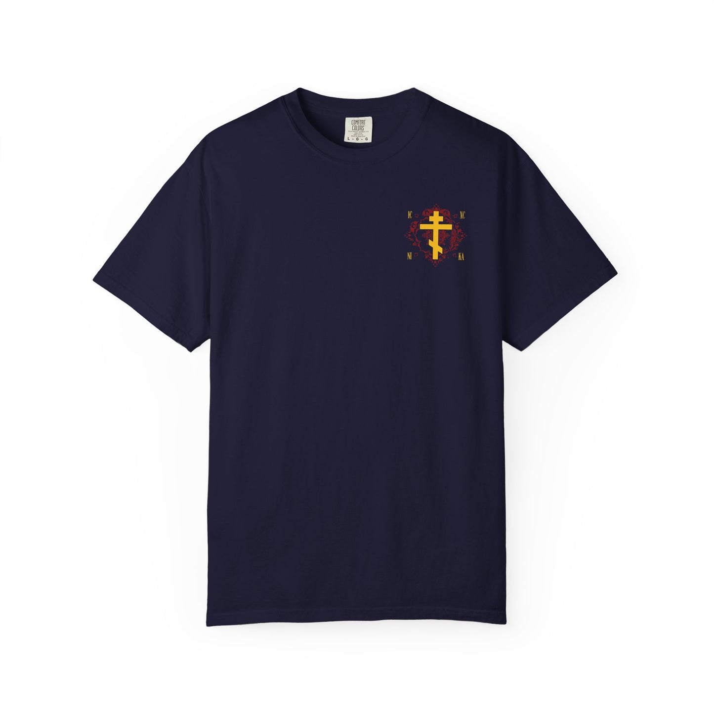 True Navy heavyweight cotton unisex t-shirt featuring a small yellow Orthodox Cross on an ornate red background, inspired by Christ Conquers (ICXC NIKA) and St. Kosmas Aitolos.