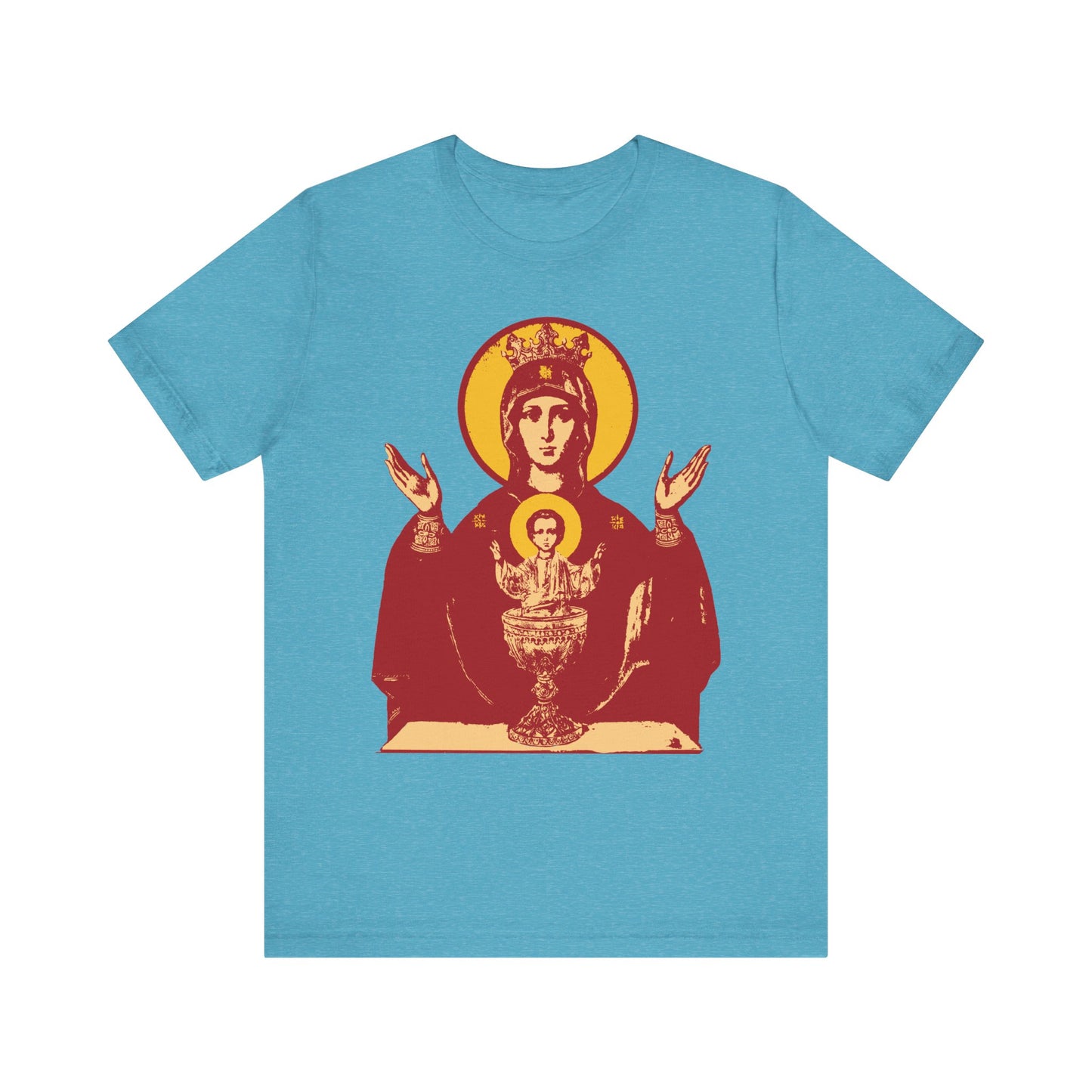 Heather Aqua unisex tee featuring the Holy Theotokos IconoGraphic of the Inexhaustible Chalice as Deliverer from Addictions—classic icon style with a halo and raised hands. Lightweight cotton.