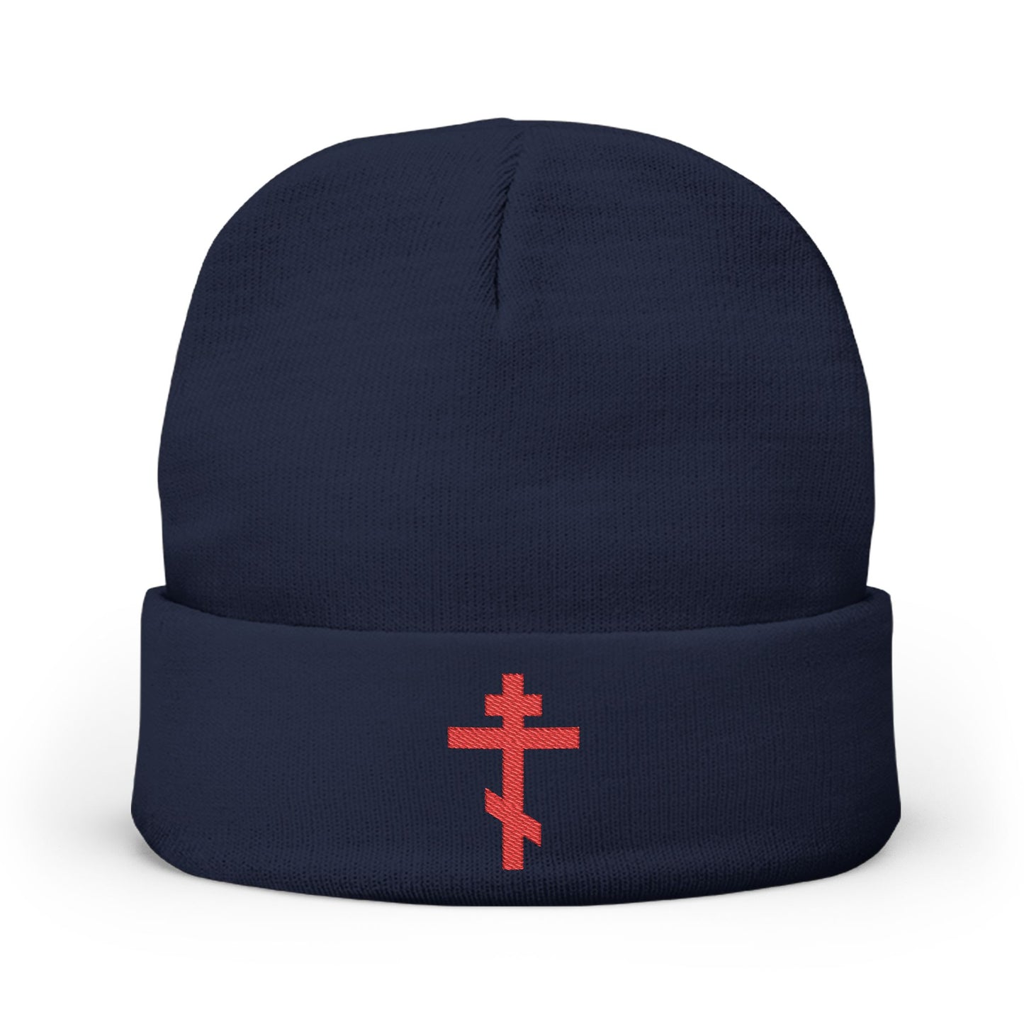 Simple Red Orthodox TriBar Cross | Nail My Passions to the Wood of Thy Precious Cross O Lord | Orthodox Christian Embroidered Knit Beanie
