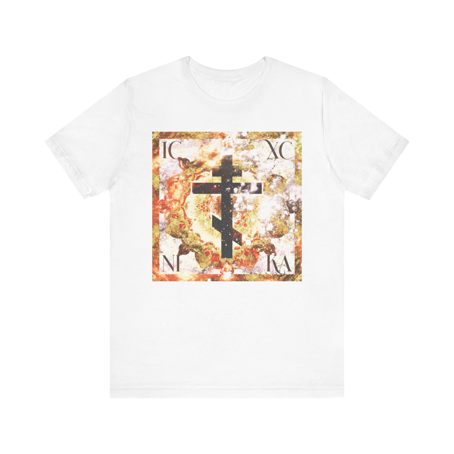White “ICXC NIKA Beige & Brown Textured Glowing Cosmic Art Cross” T-shirt featuring a black Orthodox cross on a vibrant square background with Greek letters in each corner, symbolizing the union of Divine and human natures in Christ’s Incarnation; crafted from lightweight cotton and designed as a unisex fit.