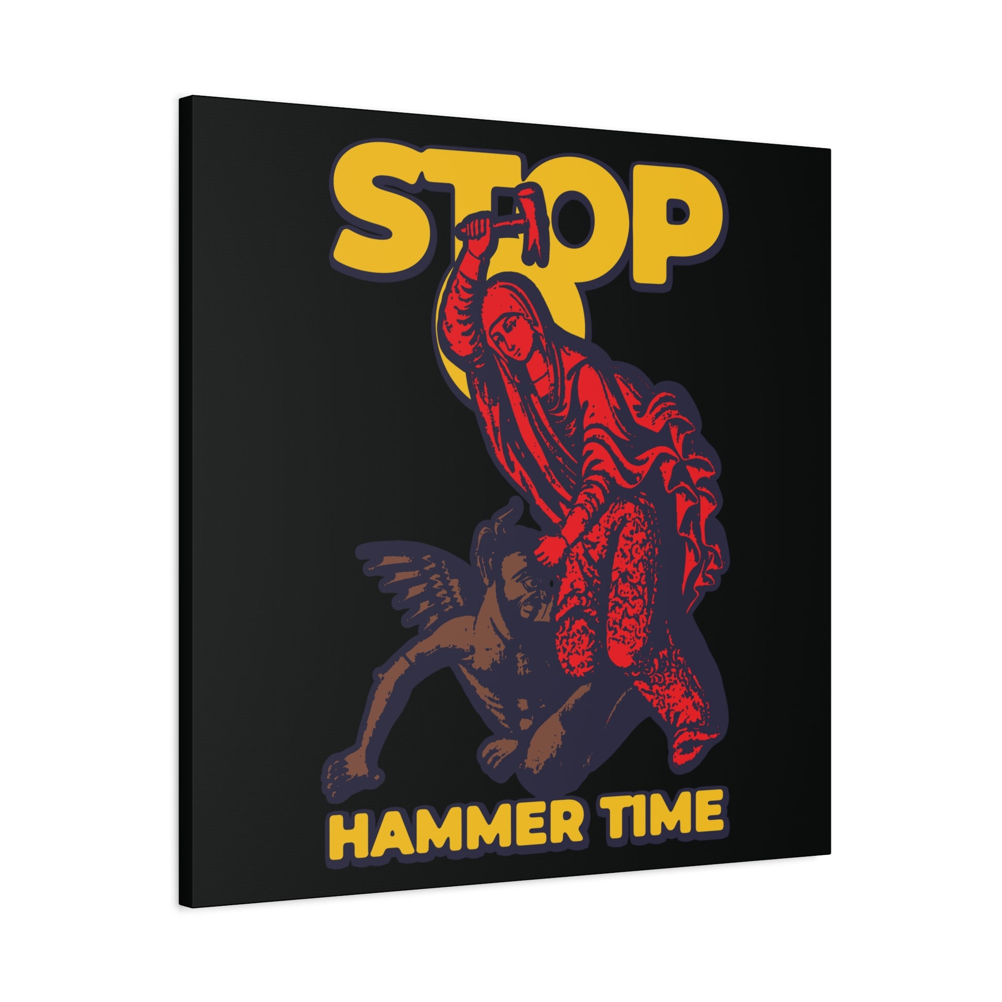 Modern Orthodox meme wall art featuring St Marina of Antioch beating the devil with a hammer, with "Stop, Hammer Time" text in bold yellow and vibrant red, blue, and yellow colors. Christian decor for home or office.