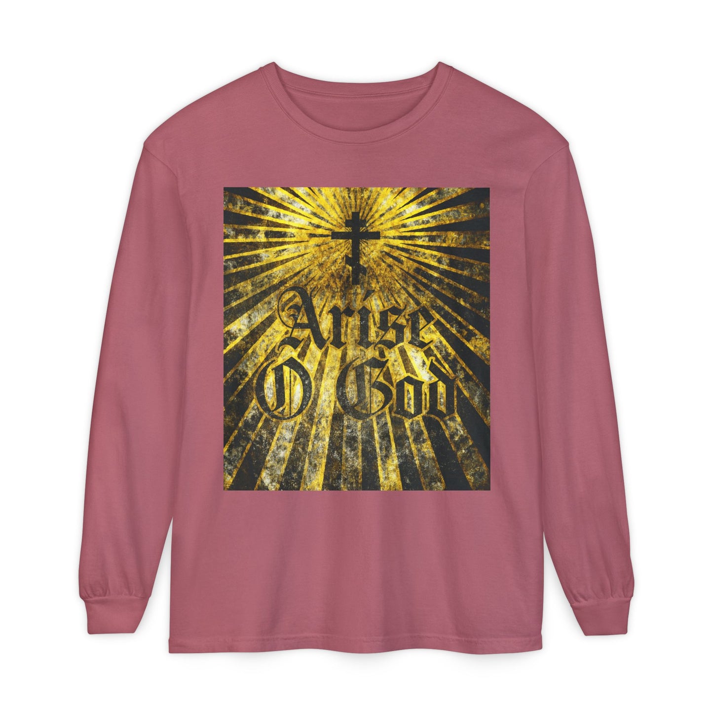 Crimson long-sleeve shirt featuring “Arise O God” in textured Gothic font, an Orthodox cross, and golden rays—design inspired by Psalm 81 (82 LXX) and the Divine Council worldview.
