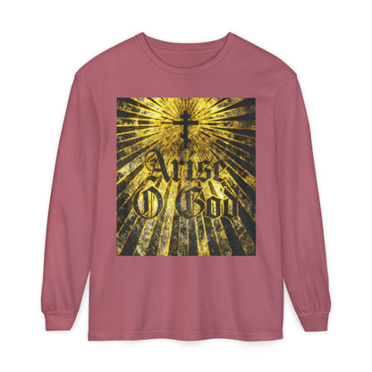 Crimson long-sleeve shirt featuring “Arise O God” in textured Gothic font, an Orthodox cross, and golden rays—design inspired by Psalm 81 (82 LXX) and the Divine Council worldview.