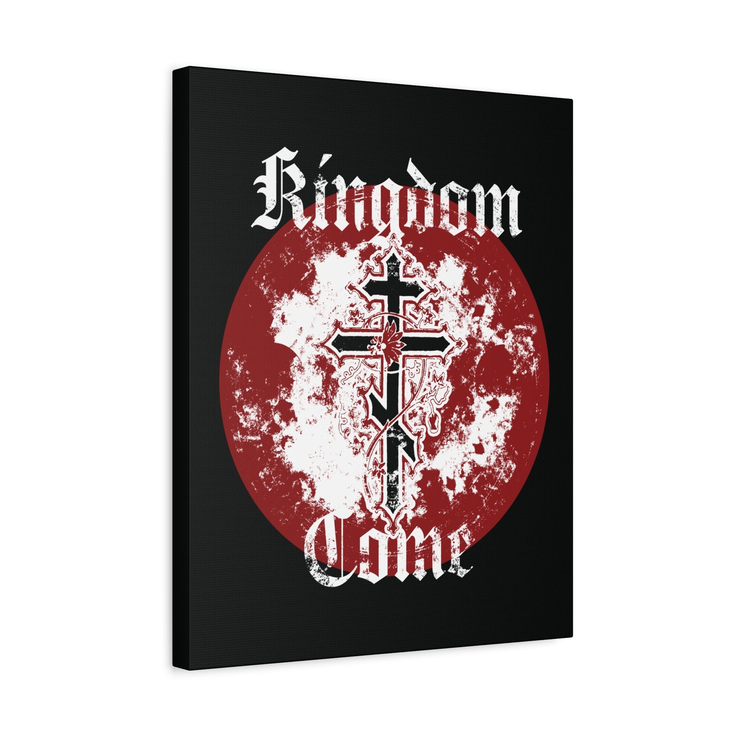 The "Kingdom Come | Lord's Prayer" Orthodox Christian canvas art features textured Gothic font, a red circle, and two overlapping distressed crosses with vine—a bold nod to “Thy Kingdom come” from the Lord’s Prayer.