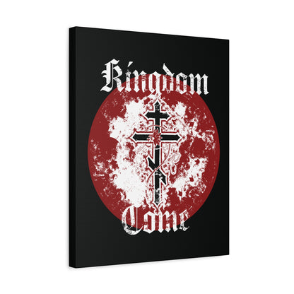 The "Kingdom Come | Lord's Prayer" Orthodox Christian canvas art features textured Gothic font, a red circle, and two overlapping distressed crosses with vine—a bold nod to “Thy Kingdom come” from the Lord’s Prayer.