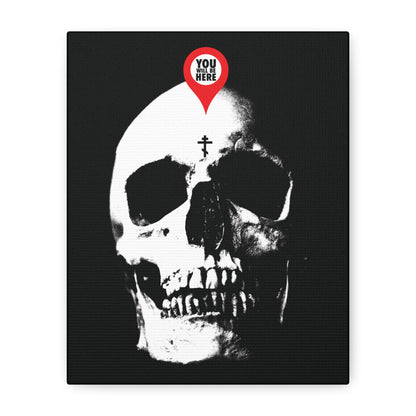 The "You Will Be Here Maps Marker on Skull" canvas art features a skull with a red pin and cross, inspired by memento mori and Orthodox Christian traditions—reminding us, "What You Are I Once Was. Remember You Will Die.