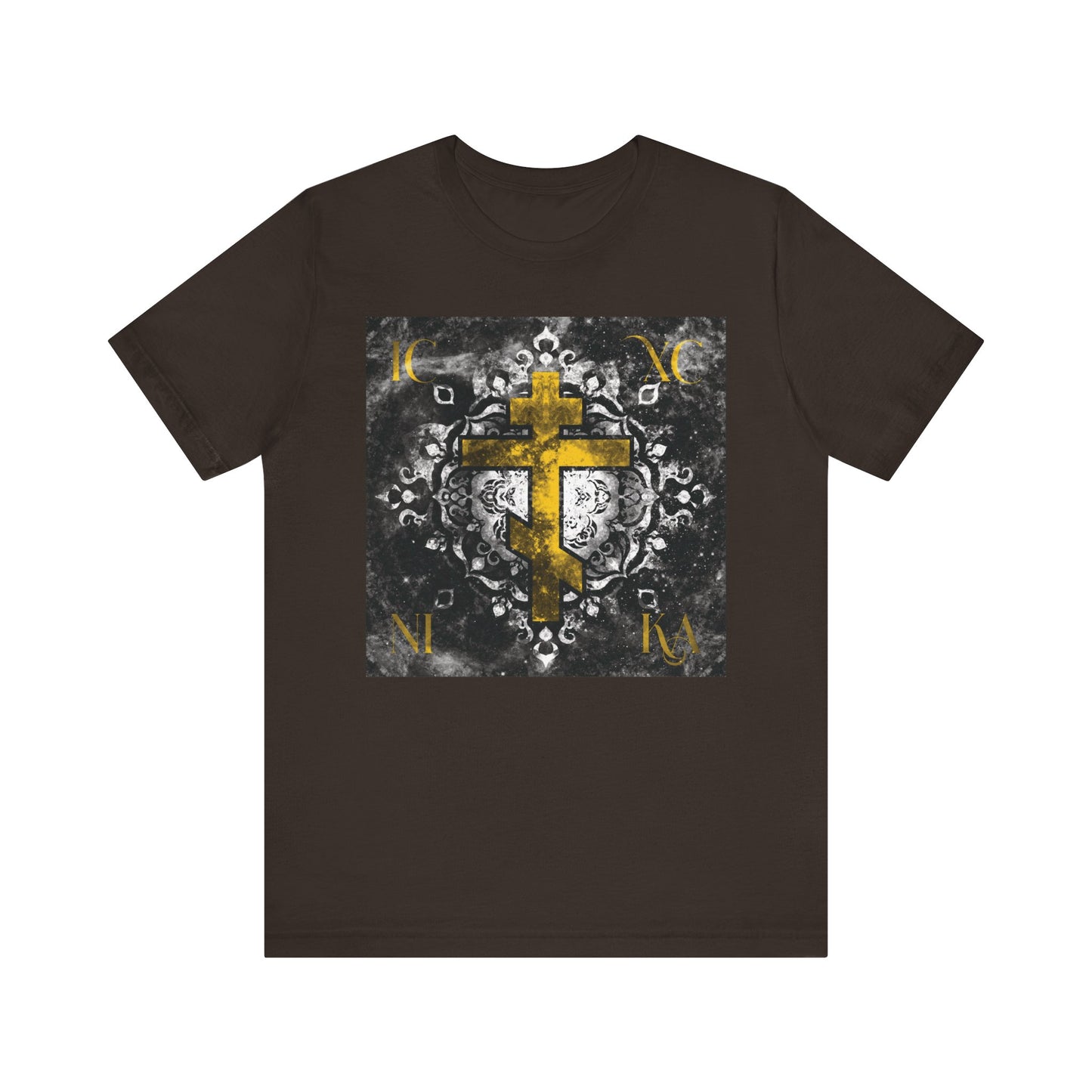 Gold ICXC NIKA Orthodox Cross on a grayscale ornate floral texture background, featured on the front of this brown lightweight cotton unisex tee—an Orthodox Christian t-shirt inspired by the Jesus Passion commemorated in Wednesday Matins, honoring Christ God.