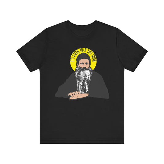 Black t-shirt with “It’s Later Than You Think” and St. Seraphim Rose in a yellow halo, inspired by the Modern American Orthodox saint. Lightweight cotton unisex tee.