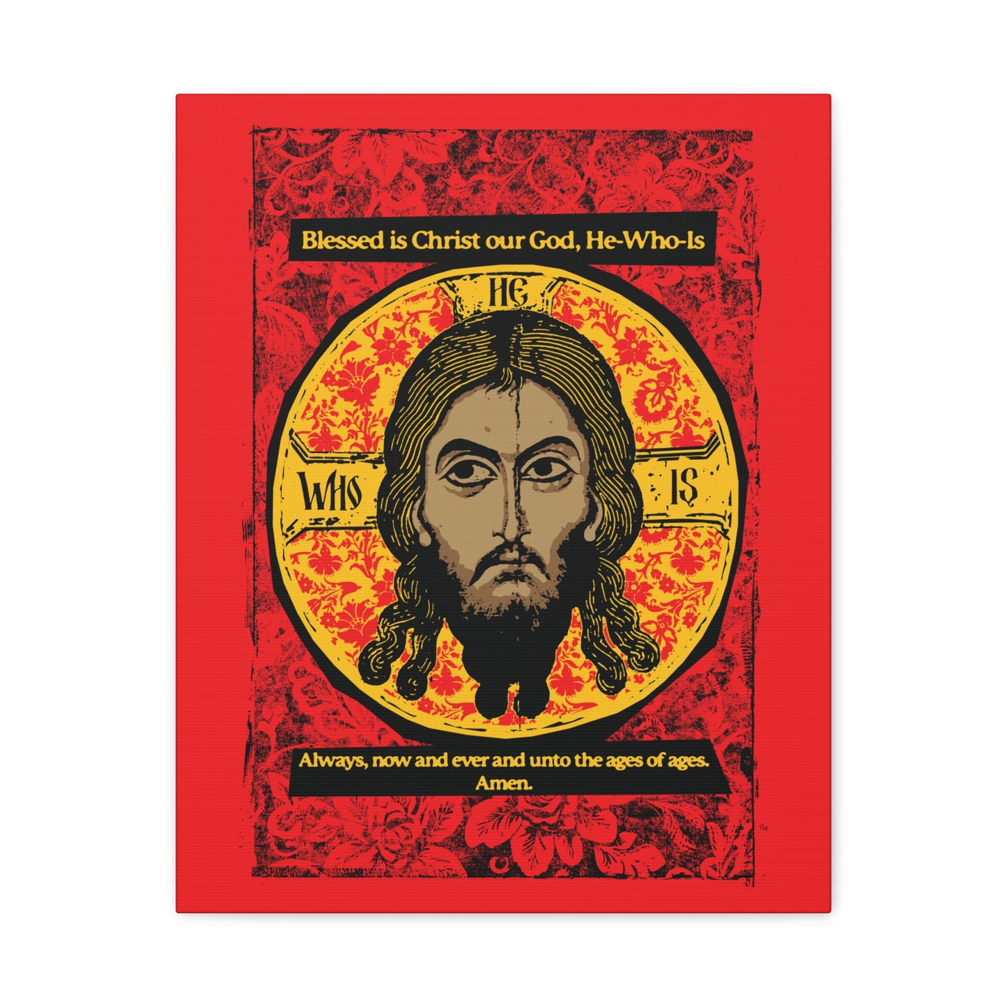 The “Made Without Hands (Mandylion/Image of Edessa)” canvas wall art from Remembrance of Death features an icon-style Jesus Christ on a golden background with red and black accents, inspired by Orthodox hymns. Perfect Christian decor for your home.