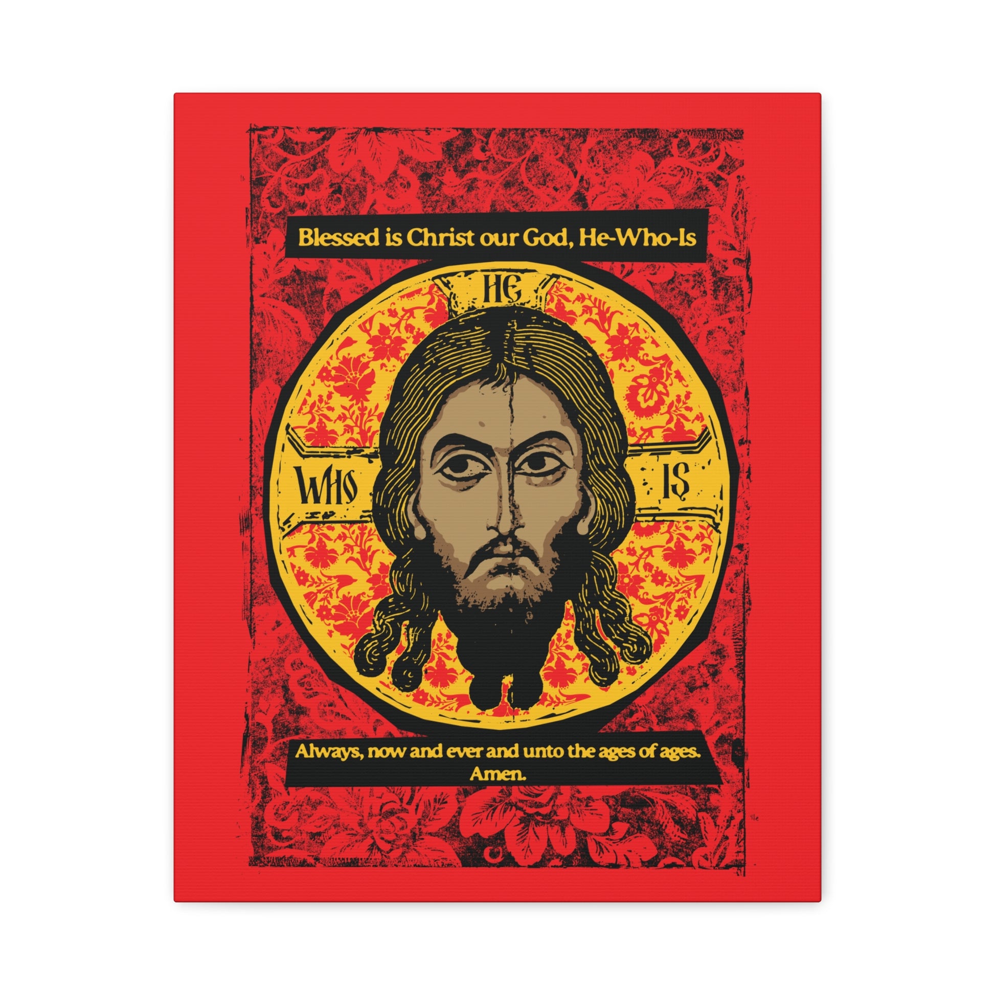 The “Made Without Hands (Mandylion/Image of Edessa)” canvas wall art from Remembrance of Death features an icon-style Jesus Christ on a golden background with red and black accents, inspired by Orthodox hymns. Perfect Christian decor for your home.