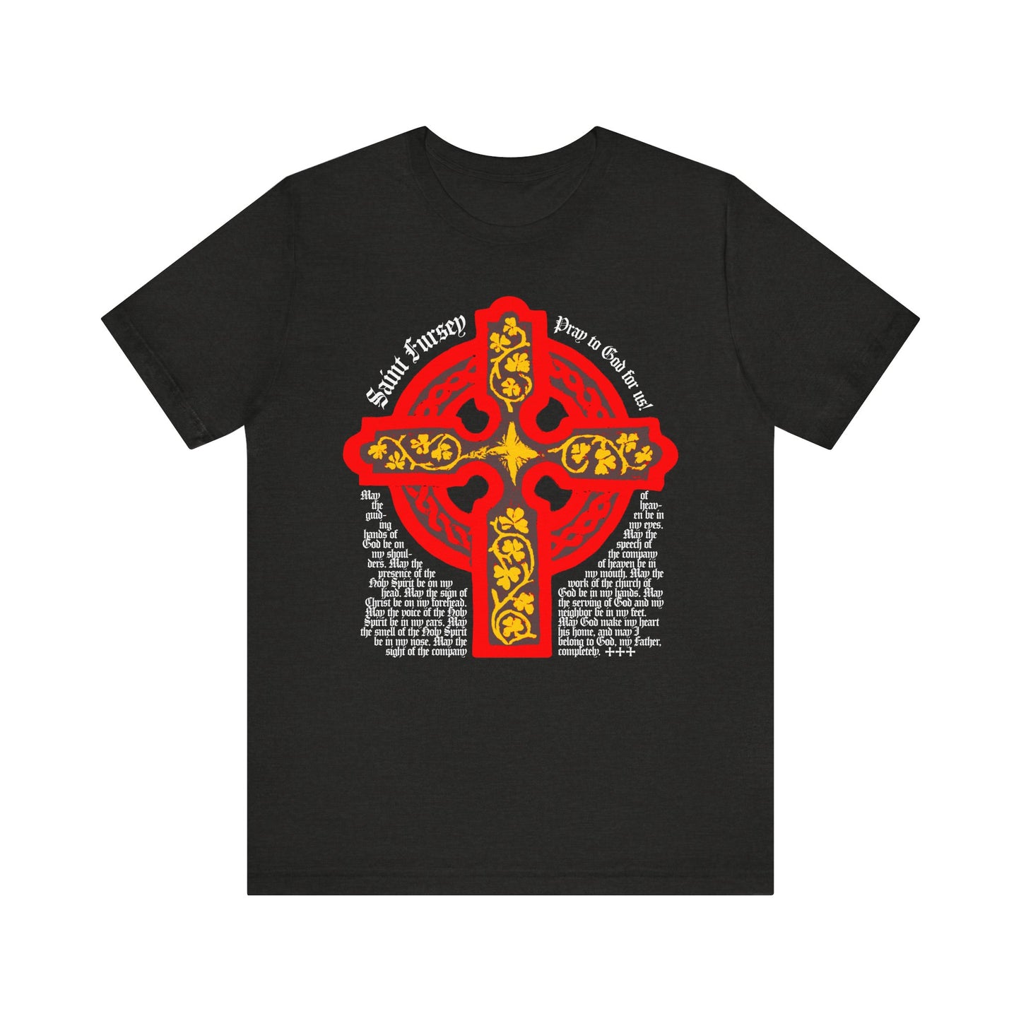 Black Heather tee featuring a red and yellow Celtic cross with white circular text, inspired by the Lorica Shield Prayer of St Fursey. Lightweight cotton unisex shirt for Irish Orthodox or Western Rite Christians.