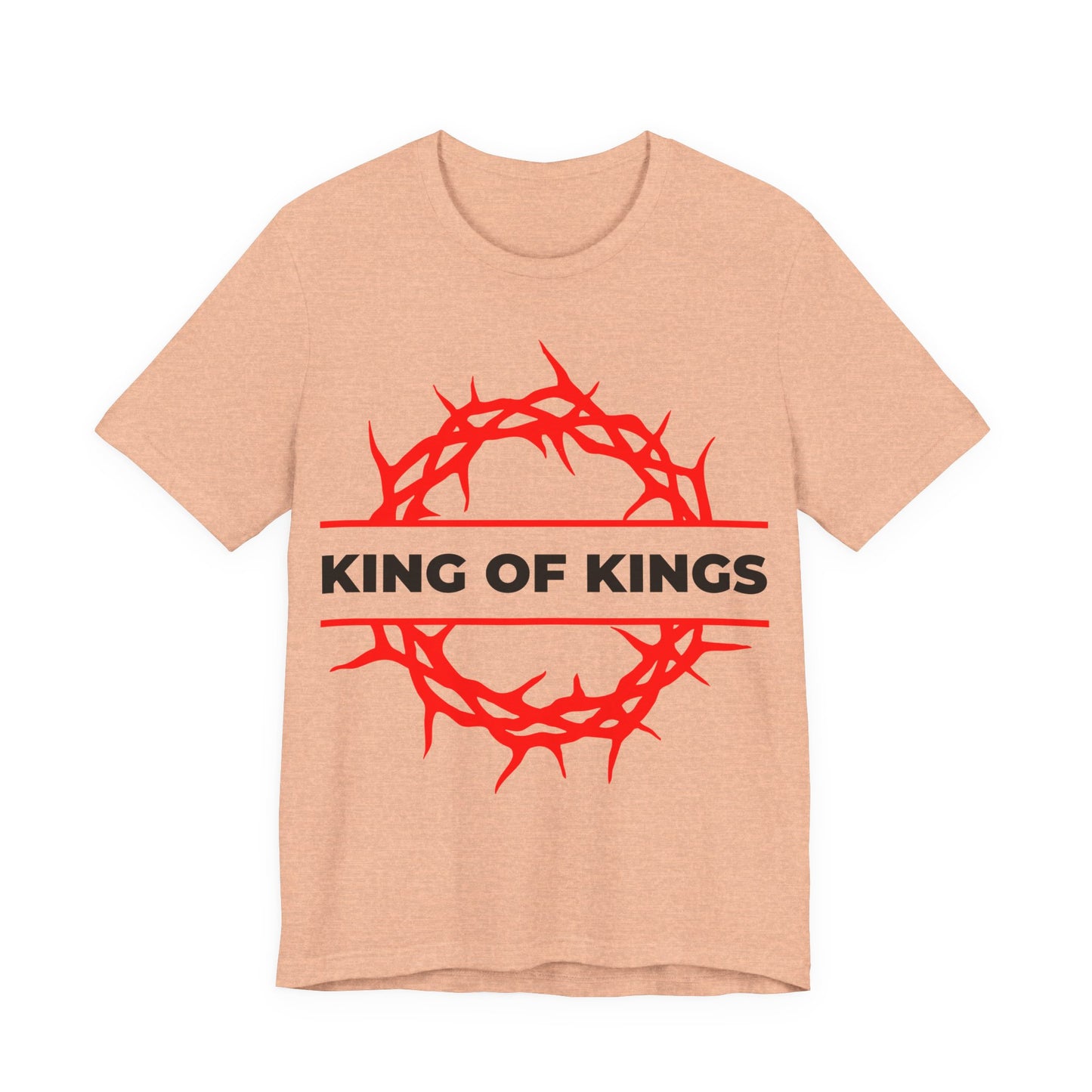 Heather Peach unisex cotton tee featuring a red crown of thorns and bold KING OF KINGS text, inspired by Revelation 19:16. "King of Kings Crown of Thorns | The King of Glory | Christ is King | Orthodox Christian Tee.