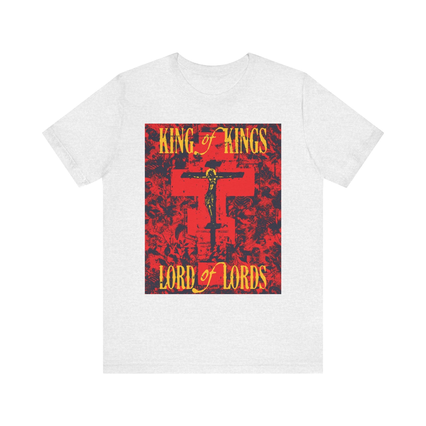 Ash lightweight cotton unisex t-shirt featuring a yellow and red icono-graphic design of Christ crucified, with the text "King of Kings, Lord of Lords," inspired by the Word of God.