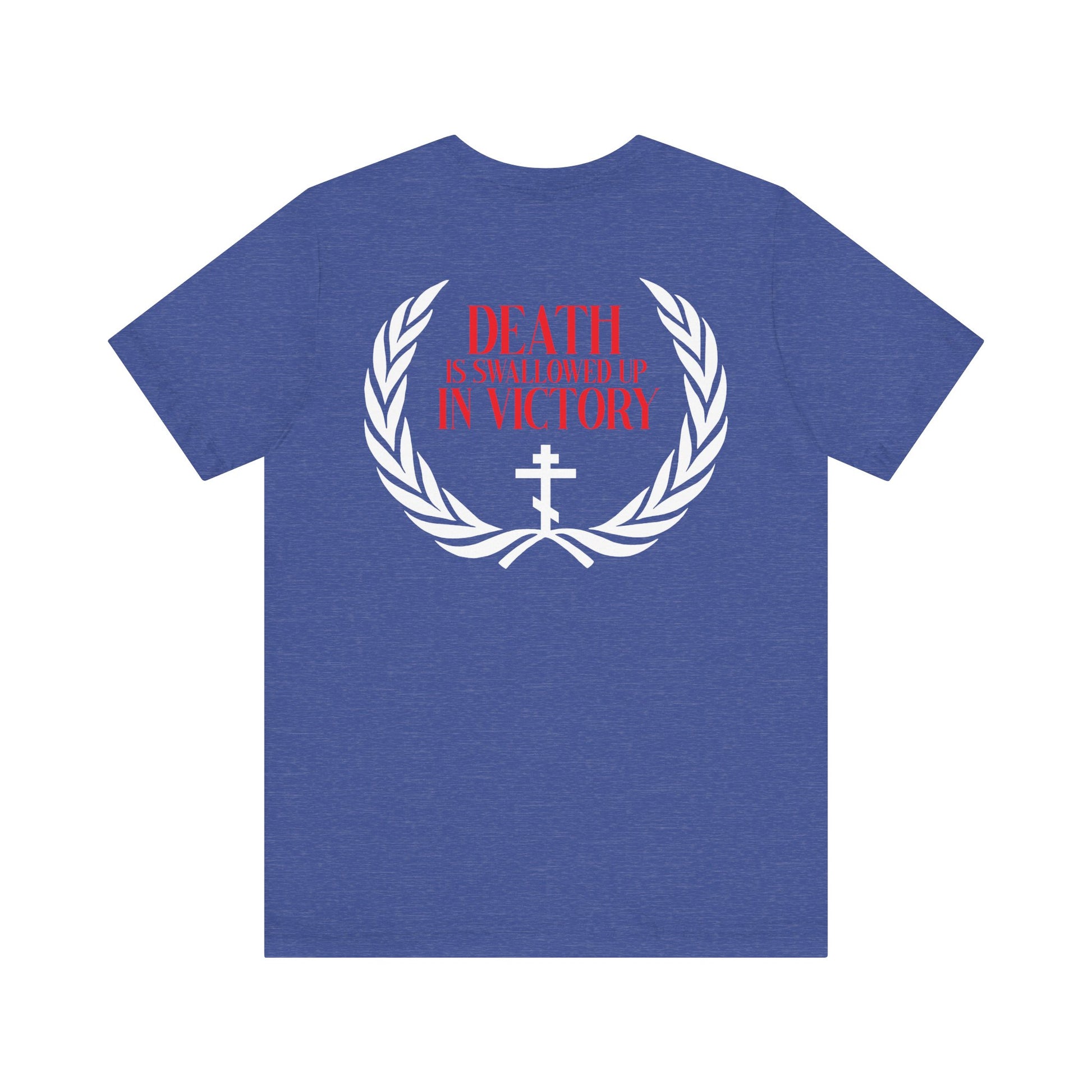 The Archangel Michael of the Apocalypse DOUBLE-SIDED Unisex T-Shirt features a blue design with white laurel, cross, and red “DEATH IS SWALLOWED UP IN VICTORY” text on the back, inspired by Revelation 12:7-9 and Archangel Michael’s triumph.