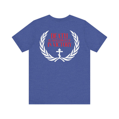 The Archangel Michael of the Apocalypse DOUBLE-SIDED Unisex T-Shirt features a blue design with white laurel, cross, and red “DEATH IS SWALLOWED UP IN VICTORY” text on the back, inspired by Revelation 12:7-9 and Archangel Michael’s triumph.