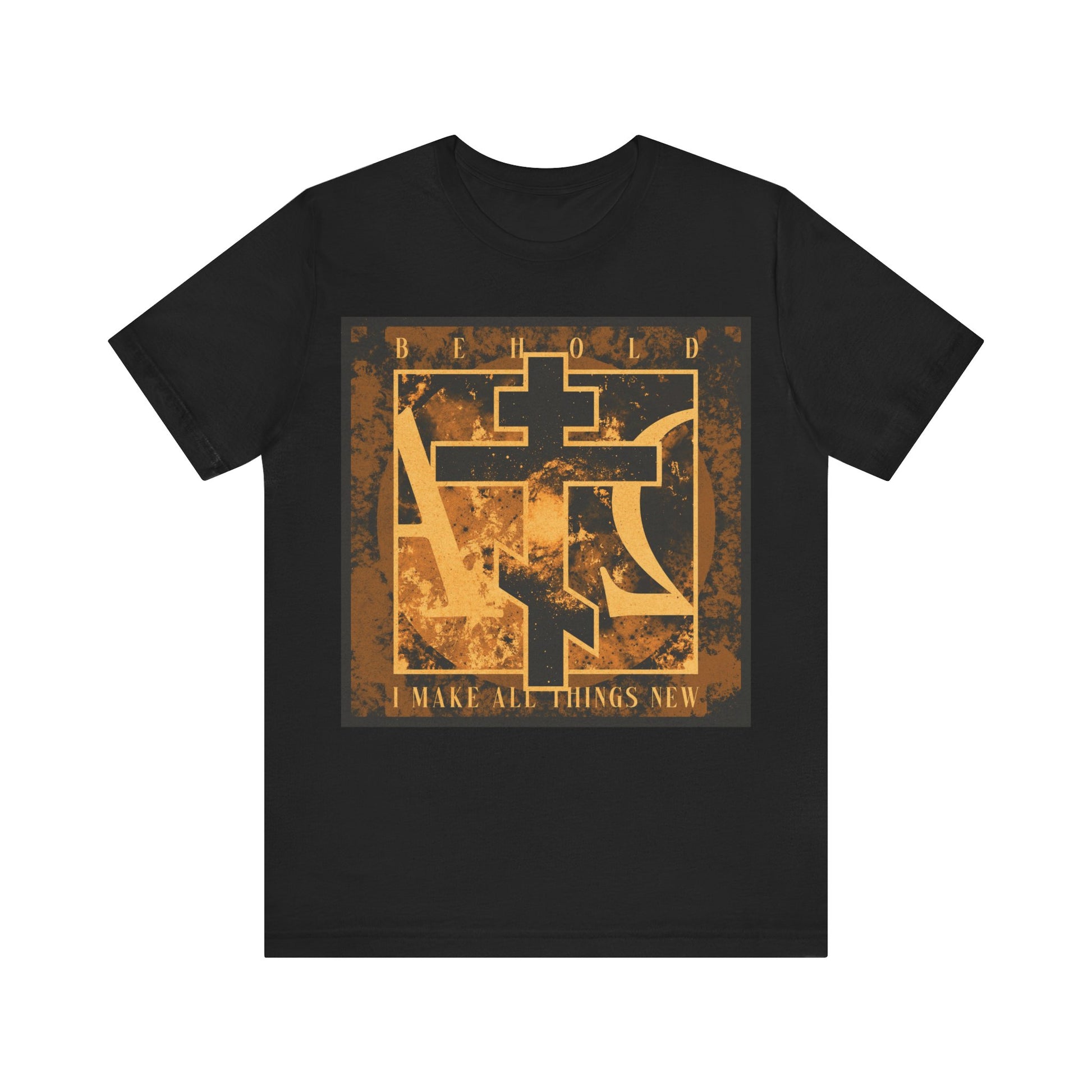 Black cotton t-shirt featuring a brown and orange Orthodox Cross with Alpha & Omega, plus “Behold, I Make All Things New” (Rev 21:5) on the front—an Orthodox Christian design inspired by new creation.