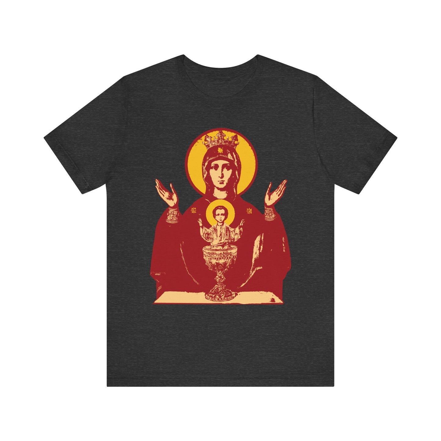 Dark Grey Heather unisex t-shirt with a stylized red and yellow Theotokos and child icon inspired by the Inexhaustible Chalice; lightweight cotton, delivers comfort and inspiration for conquering passions.