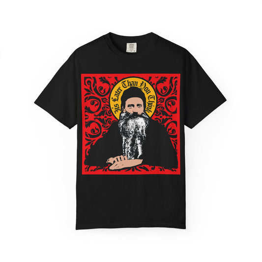 Black It's Later Than You Think heavyweight cotton unisex tee featuring a red ornate icono-graphic design inspired by Saint Seraphim Rose of Platina—a style that resonates deeply with Orthodox Christians.