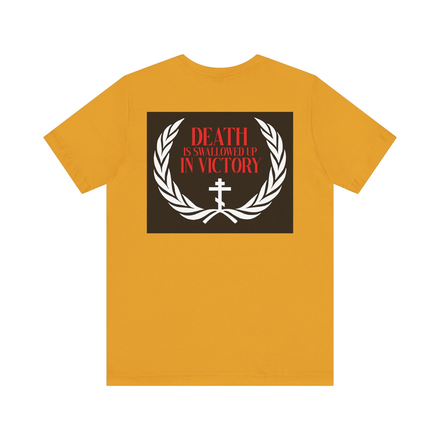 Archangel Michael of the Apocalypse Iconographic / Death is Swallowed Up In Victory DOUBLE-SIDED T-shirt—this yellow, lightweight cotton tee features a laurel wreath, cross, and red text inspired by Revelation 12:7-9.
