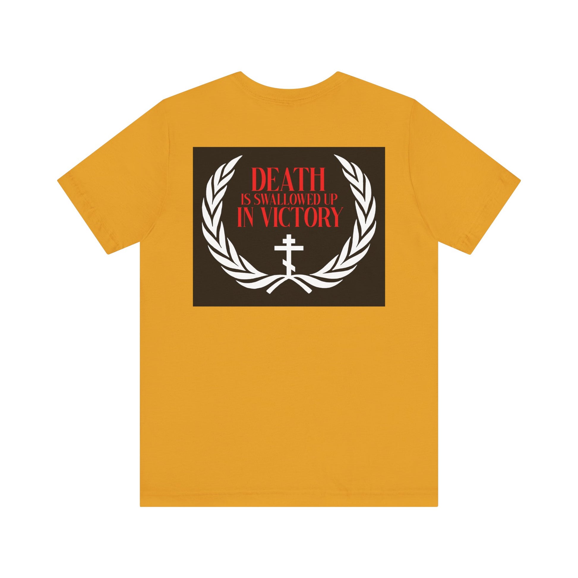 Archangel Michael of the Apocalypse Iconographic / Death is Swallowed Up In Victory DOUBLE-SIDED T-shirt—this yellow, lightweight cotton tee features a laurel wreath, cross, and red text inspired by Revelation 12:7-9.
