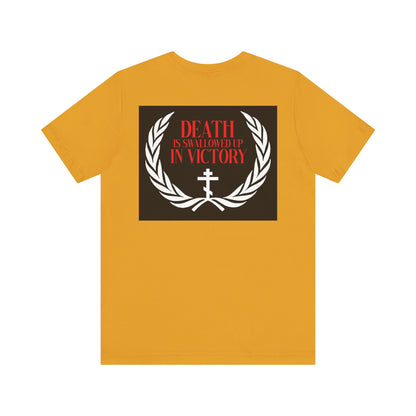 Archangel Michael of the Apocalypse Iconographic / Death is Swallowed Up In Victory DOUBLE-SIDED T-shirt—this yellow, lightweight cotton tee features a laurel wreath, cross, and red text inspired by Revelation 12:7-9.