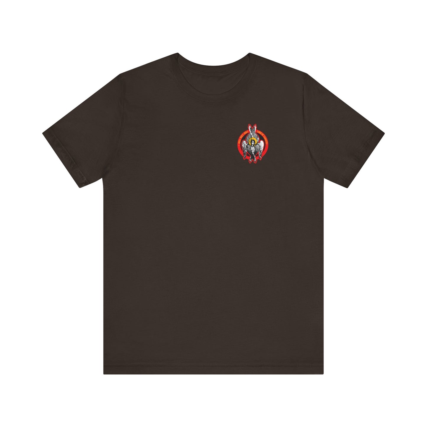 Brown lightweight unisex T-shirt featuring a small, colorful Seraphim angel icono-graphic on the upper left chest, inspired by Christian legends of the Heavenly Hosts and Divine Council.